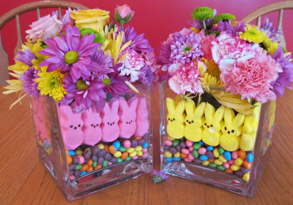 Easter centerpiece made from Peeps and flowers